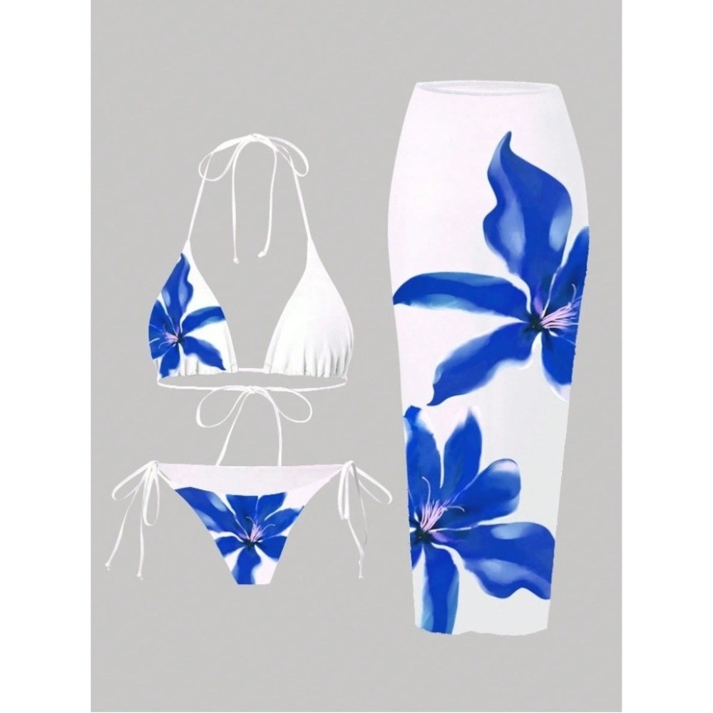 Womens Blue Floral 3 Piece Bikini Set with Mesh Sarong Cover Up Skirt Size L